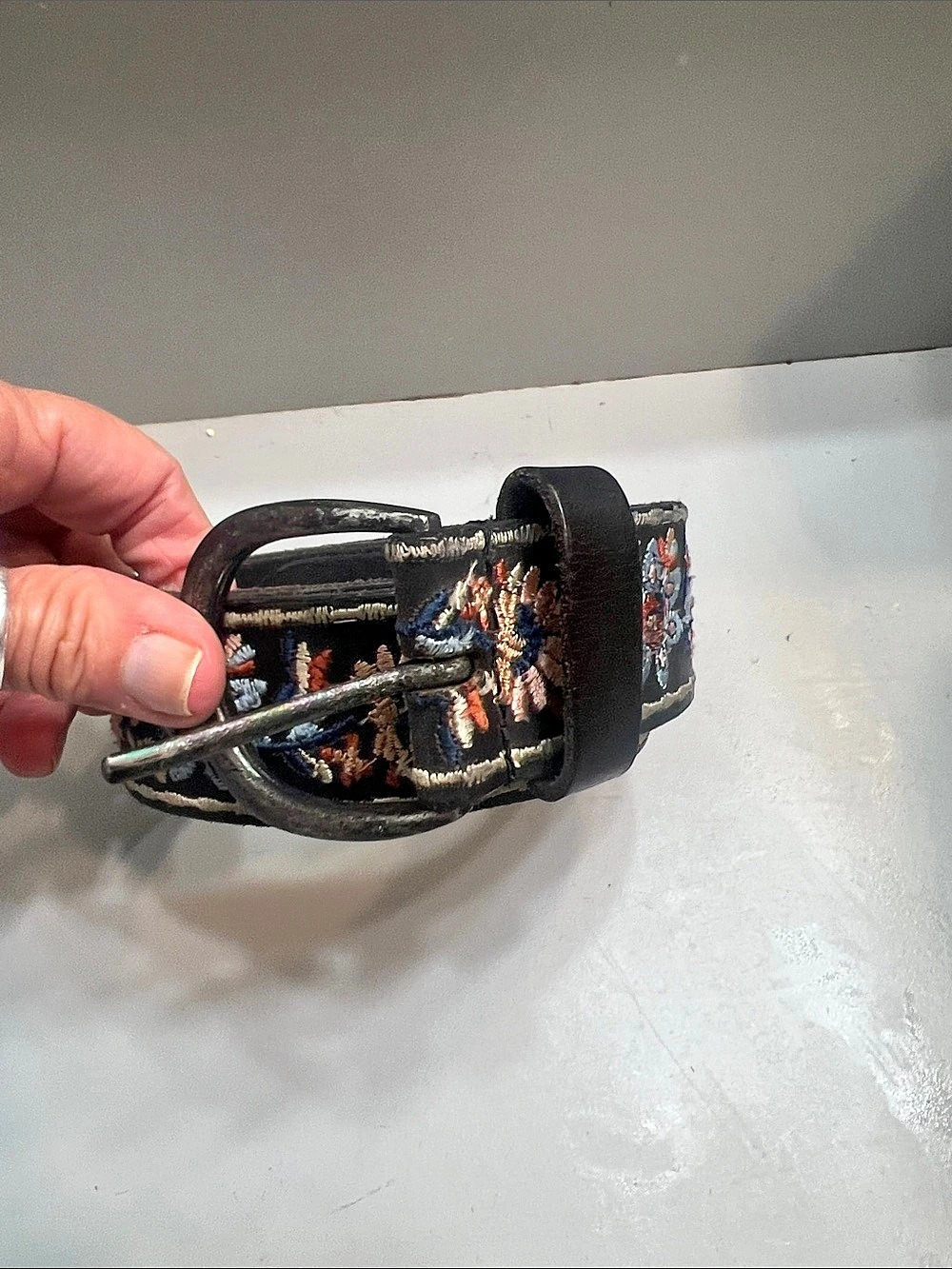 Lucky Brand Floral Embroidered Black Leather Belt, Medium